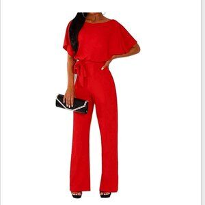 YEEKA Rompers for Women Short Sleeves Elegant Playsuit Wide Leg Jumpsuit Belted